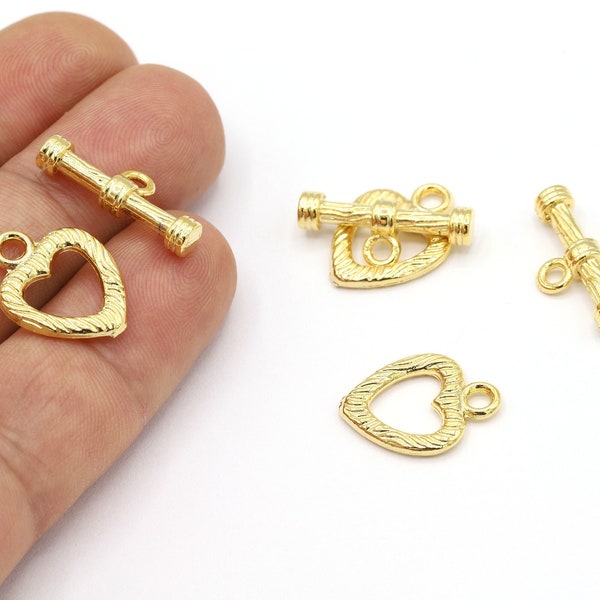 14x19mm 24 K Shiny Gold Plated Toggle Clasp, T Bar Lock, Heart Toggle Clasp, Heart Lock, Heart Findings, Heart, Gold Plated Heart - GLD848