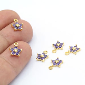 Shiny Gold Flower Pendant, Flower Charms, Cubic Zirconia Flower Charms, CZ Micro Pave Flower Pendant, 8.5x11mm 24k - GLD1547-2