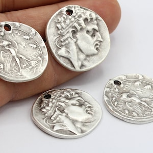27mm Antique Silver Plated Greek Coins , Medallion Pendant   - TS330