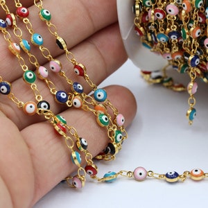 24 k Shiny Gold Plated Linked  Evil Eye Chains , Foot Chains , Rosary Chain , Channel Set Chains ,  Necklace Findings - CHN240
