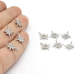 12x14mm Rhodium Plated CZ Micro Pave Pole Star Pendant, CZ Pave North Star Charms, Cubic Zirconia Charms, Pave Star Charms - CZ79