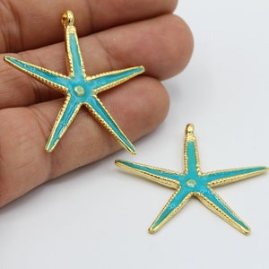 40x41mm 24 k Shiny Gold Plated Turquoise Enamel Starfish Charms , Starfish Pendants - GLD489