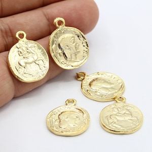 18x23mm 24 k Shiny Gold Plated Greek Coins, Medallion Pendant, Medallion Coins, - GLD110