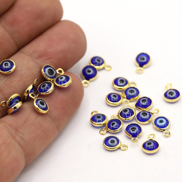 24 k Shiny Gold Plated Round Charms , Evil Eye Pendant 7x10mm - GLD1364-1
