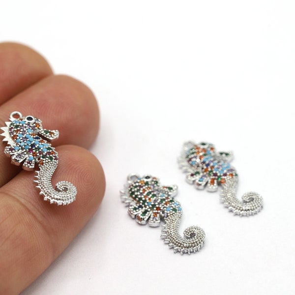 13x27mm Rhodium Plated CZ Micro Pave Seahorse Pendant, CZ Pave Seahorse Charms, Cubic Zirconia Seahorse Charms, Rhodium Seahorse - CZ407