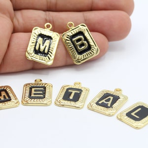 15x24mm 24 k Shiny Gold Square Letter with Black Enamel , Letter Charms, Alphabet Letter Charm - GLD875