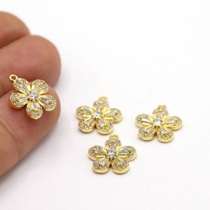 13,5x16mm 24 K Shiny Gold Plated Flower Charms, Flower Pendant, CZ Flower Charms, Gold Plated Flower, Gold Plated Charms, CZ - CZ354