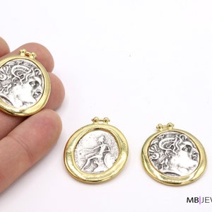 24 k Shiny Gold Plated And Antique Silver Plated  Medallion Pendants , greek coins  Necklace , Two Color Medallion,27x36mm - GLD1585