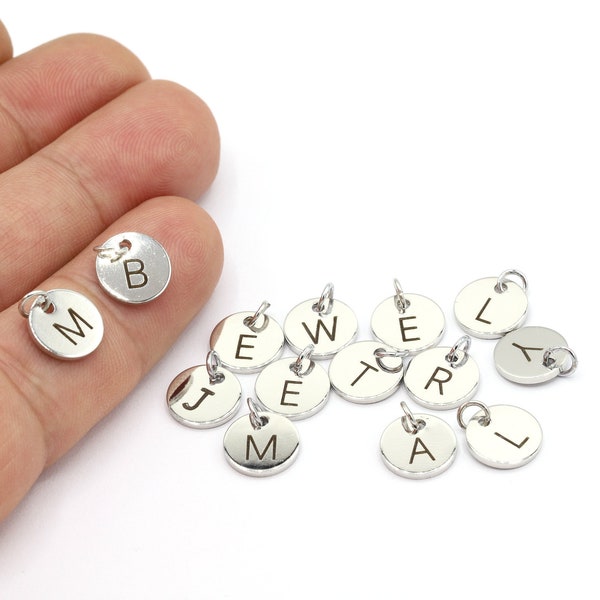 Encantos iniciales de pavé chapados en rodio, encantos de letras de plata, disco de estampado, letras de disco de marcado, letras pequeñas, letra de rodio 1x10 mm-RDM175