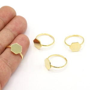 Inner Size 17mm 24 k Shiny Gold Plated Adjustable Ring Settings, Hexagon Gold Ring Basel Rings, Ring Blanks Base with 10mm Pad  - GLD1845