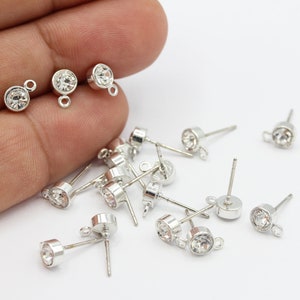 5x14mm Rhodium Plated Pave CZ Round Ear Post , CZ Earring Findings - CZ425