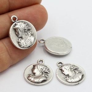 18x23mm Antique Silver Plated Greek Coins , Medallion Pendant  - TS333