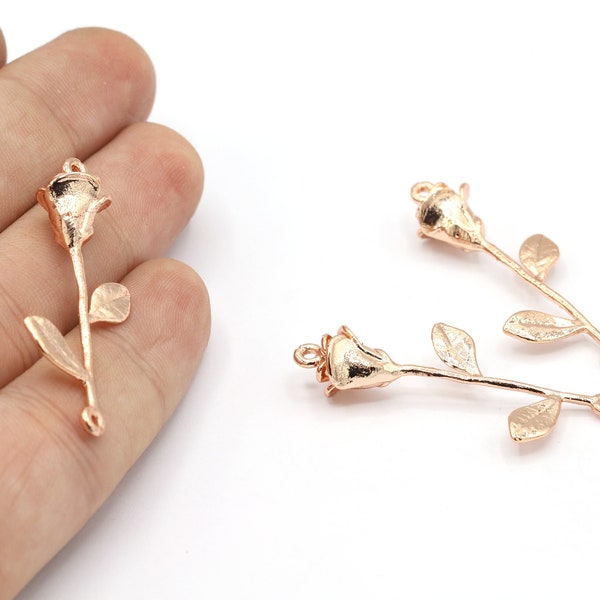 21x39mm Rose Gold Plated Two Loops Rose Charms, Rose Connectors, Rose Pendant, Rose Gold Plated Rose Pendants, Necklace Findings - RSG339