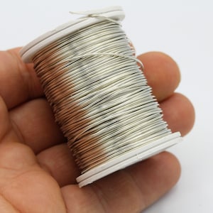 Op de afbeelding: Een spoel zilverdraad gewikkeld om een witte plastic spoel. De draad is strak gewikkeld en lijkt erg fijn te zijn.