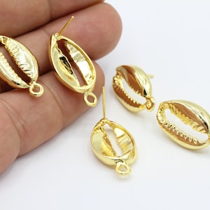 14x26mm 24 k Shiny Gold Plated Shell Earring , Shell Stud Earring , Cowrie Shell Earring, Earring Findings - GLD775