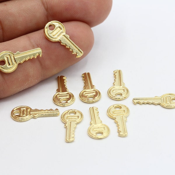 8x18mm 24 k Shiny Gold Plated Key Charms , Mini Key Pendants , Necklace and Bracelet Findings - GLD857