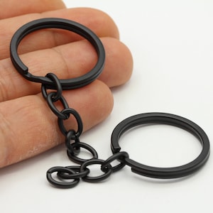 30mm Black Plated Key Chain Rings with Attached Chain , Split Key Chain Rings - TS546