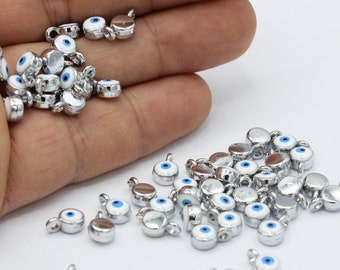 6x9mm Rhodium Plated Round Charms , Evil Eye Pendant - RDM26