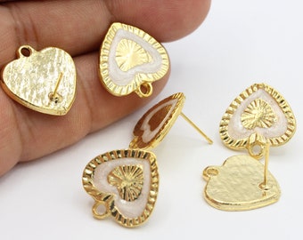 18mm 24 k Shiny Gold Plated Round Enamel Heart Ear Post , Earring Findings - GLD843