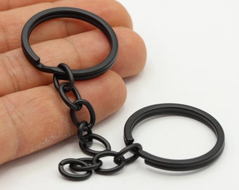 30mm Black Plated Key Chain Rings with Attached Chain , Split Key Chain Rings - TS546