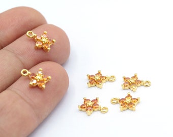 Shiny Gold Flower Pendant, Flower Charms, Cubic Zirconia Flower Charms, CZ Micro Pave Flower Pendant, 8.5x11mm 24k - GLD1547-1