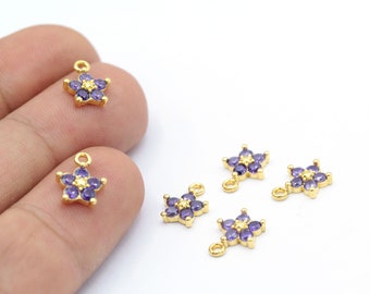 Shiny Gold Flower Pendant, Flower Charms, Cubic Zirconia Flower Charms, CZ Micro Pave Flower Pendant, 8.5x11mm 24k - GLD1547-2