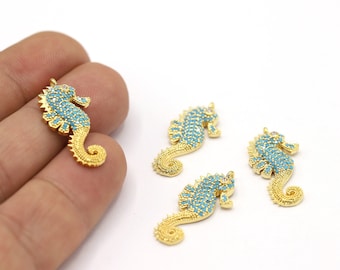 14x34mm 24 k Shiny Gold Plated CZ Micro Pave Seahorse Pendant , CZ Pave Seahorse Charms , Cubic Zirconia Seahorse Charms - CZ380