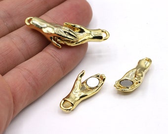 24-karaats glanzende vergulde hamsa-bedels, handhanger, handamuletketting sterlinggoud uniseks, gouden handketting, 12 x 44 mm - GLD878