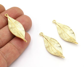 15x45mm 24 k Shiny Gold Plated  Flower Charms, Gold Plated Leaf Chrams, Leaf Pendants, Gold Plated Flower Necklace, Leaf Necklace - GLD870