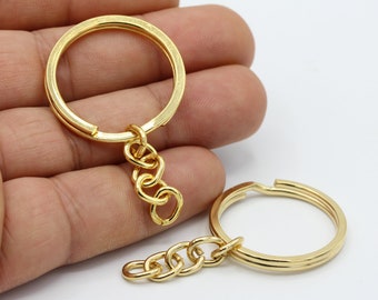 MBjewelrymetal 30mm 24 K Shiny Gold Plated Key Chain Rings with Attached Chain , Split Key Chain Rings - GLD448