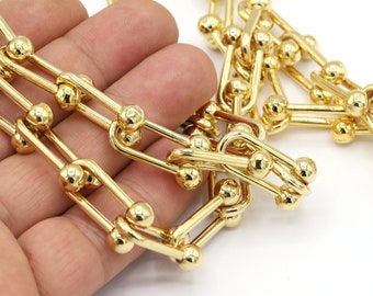 10x25mm 24 k Shiny Gold Plated U-Shaped Ball Chains, Bulk Chains, Handmade Chains, - CHN327