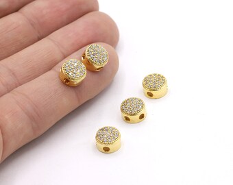 Ciondoli per bracciale rotondi con micro pavé di zirconi cubici placcati in oro lucido 24k da 9 mm, ciondoli rotondi con pavé di zirconi cubici, ciondoli rotondi con zirconi cubici, accessori per braccialetti - GLD342