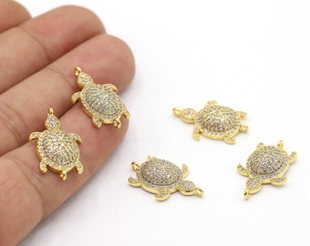 16 x 23 mm 24 kt glanzend vergulde CZ micro-pave schildpadarmband, CZ Pave-schildpadbedels, schildpadhangerbedels met zirkonia - CZ500