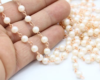 6mm Rose Gold Plated Faux Pearl Chains , Pearl Bead Chains  - CHN90