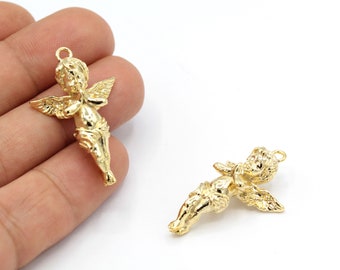 23X37mm 24 k Shiny Gold Plated Angel Pendant,Gold Plated Angel Chrams, Gold Plated Winged Angel Necklace,- GLD1475