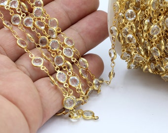 7mm 24 k Shiny Gold Plated Linked  Crystal Chains , Foot Chains , Rosary Chain , Channel Set Chains ,  Necklace Findings - CHN236