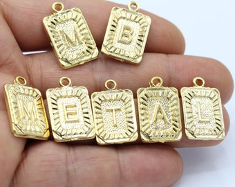 Shiny Gold Square Letter Charms, Square Letter Necklace, Name Necklace, Gold Plated Charm 24k 15x24mm - GLD131