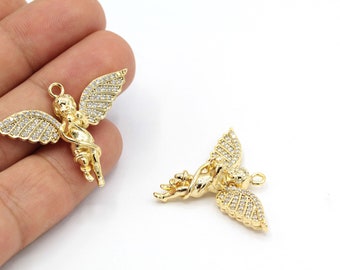 30x39mm 24 K Shiny Gold Plated Angel Pendant, Gold Plated Angel Necklace, Gold Plated Angel, Necklace Findings, Angel Charms - GLD1474