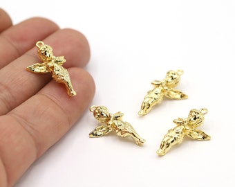 16,5x26,5mm 24 K Shiny Gold Plated Angel Pendant, Gold Plated Angel Charms, Gold Plated Winged Angel Necklace, Necklace Findings - GLD226