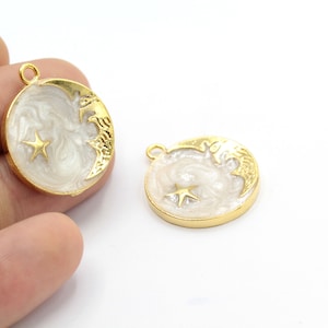 22.5x26.5mm 24 k Shiny Gold Plated Moon Pendants , Medallion Pendants , Enamel Pendants , Necklace Findings - GLD1497