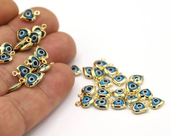 7,5x10mm 24 K Shiny Gold Plated Heart Charms, Evil Eye Pendant, Evil Eye Charms, Evil Eye Heart Charms, Heart Pendants, Evil Eye - GLD2201