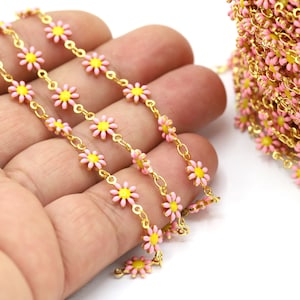 7.3mm 24 K Shiny Gold Plated Flower Chains, Foot Chains, Rosary Chain, Channel Set Chains,Necklace Findings, Pink Color Flower - CHN603
