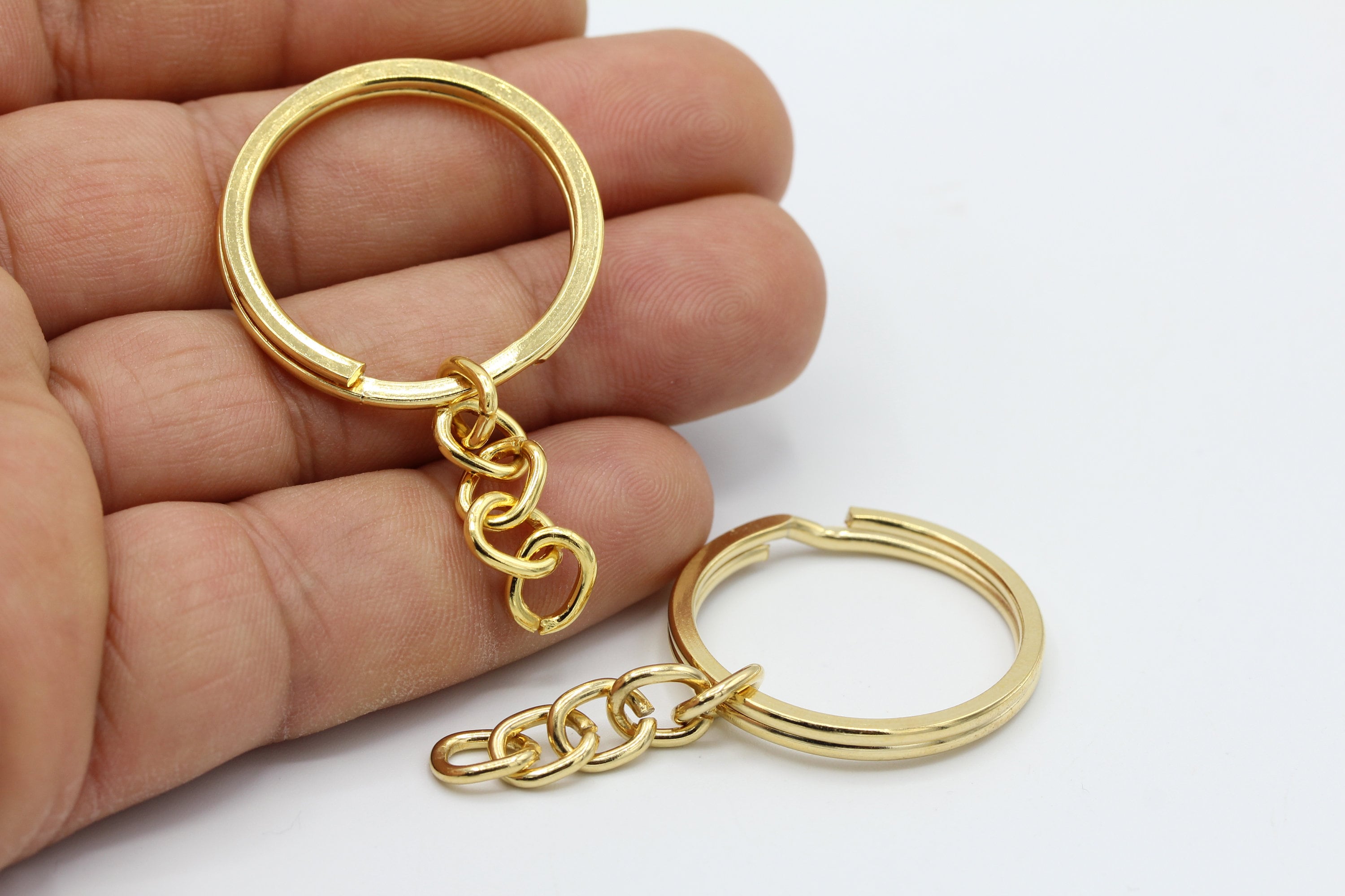 30mm 24 k Shiny Gold Plated Key Chain Rings with Attached Chain , Split Key  Chain Rings - GLD448