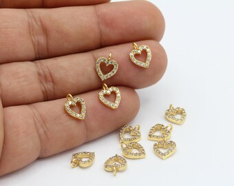 8x10mm 24 k shiny gold plated, charm, micro pave hart, mini hart charms,heart pendant, cubic zirconia charm, beads, GLD-934