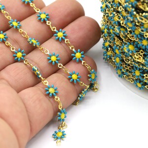 7.3mm 24 K Shiny Gold Plated Flower Chains, Foot Chains, Rosary Chain, Channel Set Chains,Necklace Findings, Turquoise Color Flower - CHN601