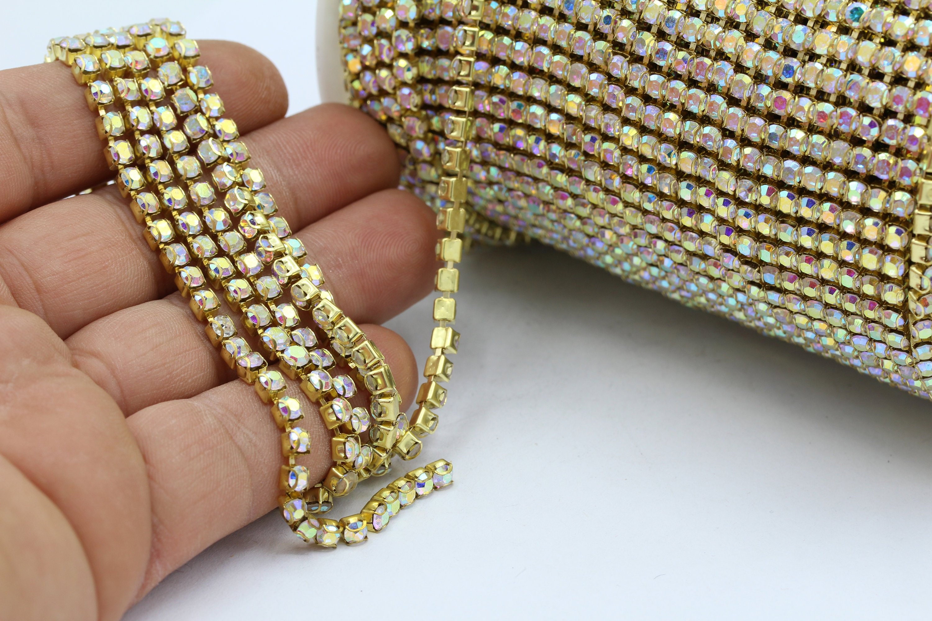 SS14 ( 3,5mm ) Gold Tone Crystal AB , Crystal Rhinestone Banding Chain ...