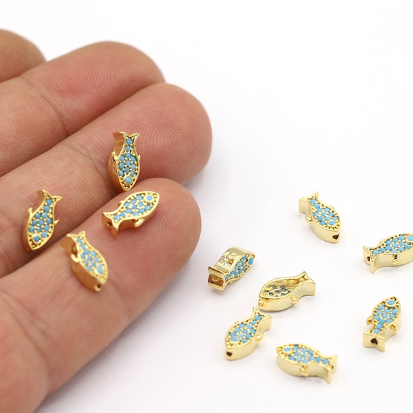 5x10mm 24 K Shiny Gold Plated CZ Micro Pave Fish Beads, CZ Pave Fish Charms, Cubic Zirconia Fish Bracelet Charms, Fish Beads - CZ160