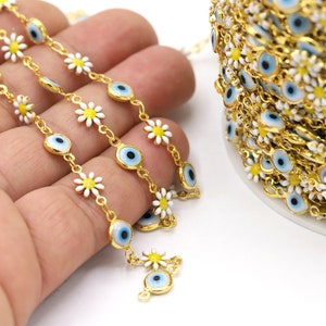 7.3mm 24 K Shiny Gold Plated Flower and Evil Eye Chains, Foot Chains, Channel Set Chains, Necklace Findings, Flower and Evil Eye - CHN606