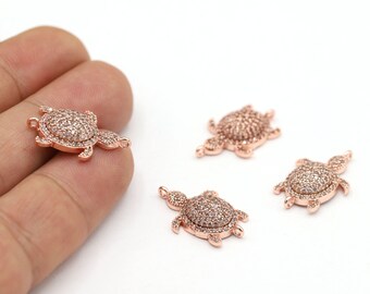 15 x 23 mm rosévergulde CZ micro-pave schildpadhangers, CZ pave-schildpad-bedels, schildpad-armbandbedels met zirkonia, schildpad-bedels - CZ391