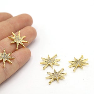 19x26mm 24 K Shiny Gold Plated CZ Micro Pave North Star Bracelet, CZ Pave North Star Charms, Cubic Zirconia North Star Charms - CZ501